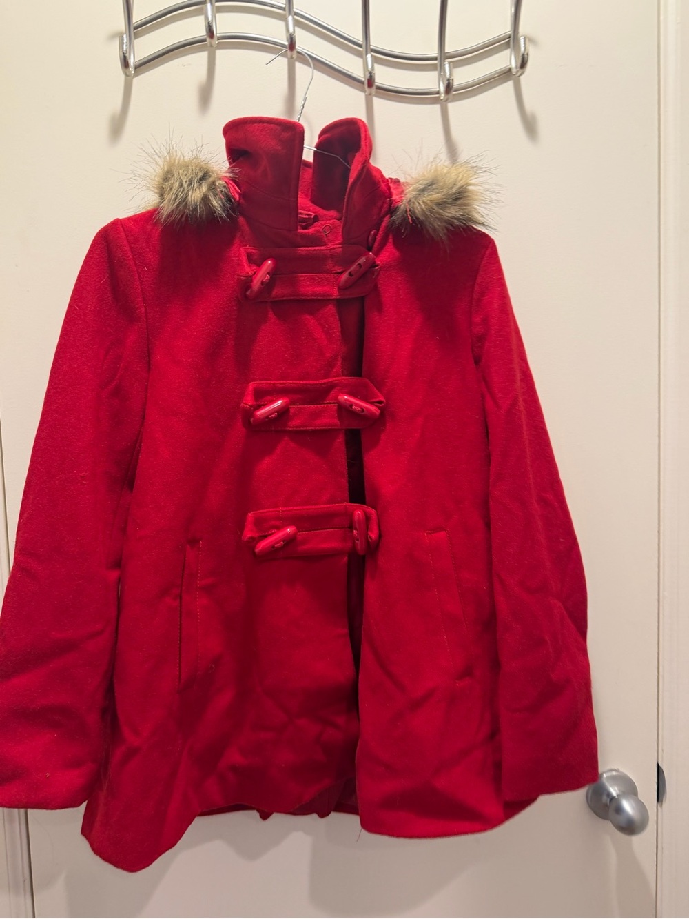 Forever 21 Red Pea Coat with Faux Fur Trim